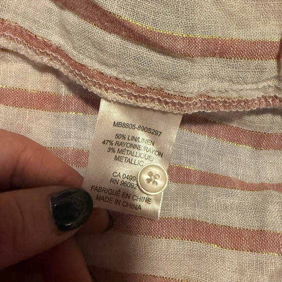 Fleur Bleue Linen Gold and Pink Button Down Shirt with Classic Stripes - Picture 7 of 8
